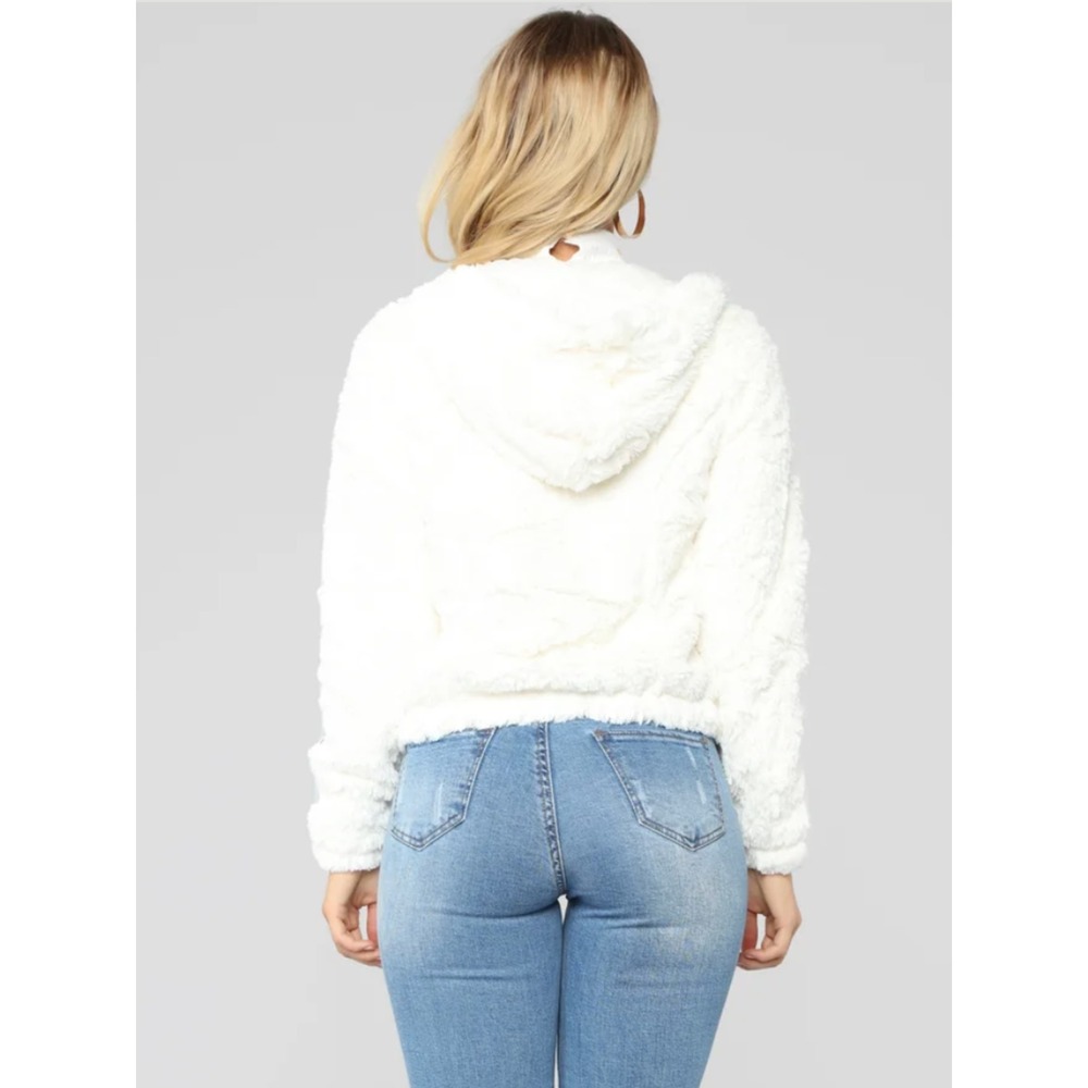 White Faux Fur Hooded Zip Up Cropped Jacket Size Small - Picture 3 of 9